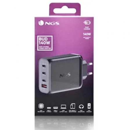 NGS Cargador ultrarrápido 140W 4 puertos 3 USB-C 1 USB-A NGS Cargador ultrarrápido 140W 4 puertos 3 USB-C 1 USB-A